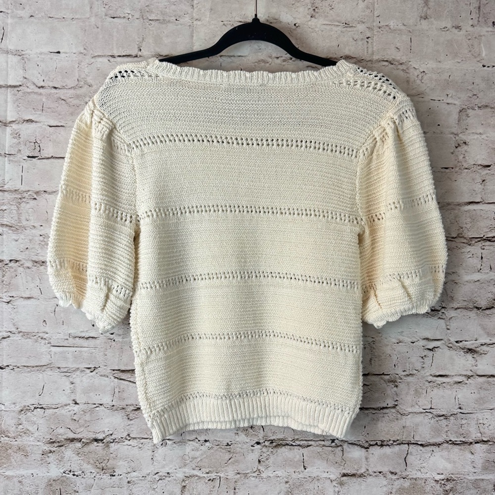 House of Harlow 1960 Small Knit Sweater Top Short Puff Sleeve Cream Cottage Sm S - Picture 5 of 6